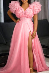 Vestido de fiesta de noche largo color burdeos con abertura alta